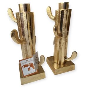 Large Goldtone Southwest Western Cactus Candle Holders (Set Of 2)